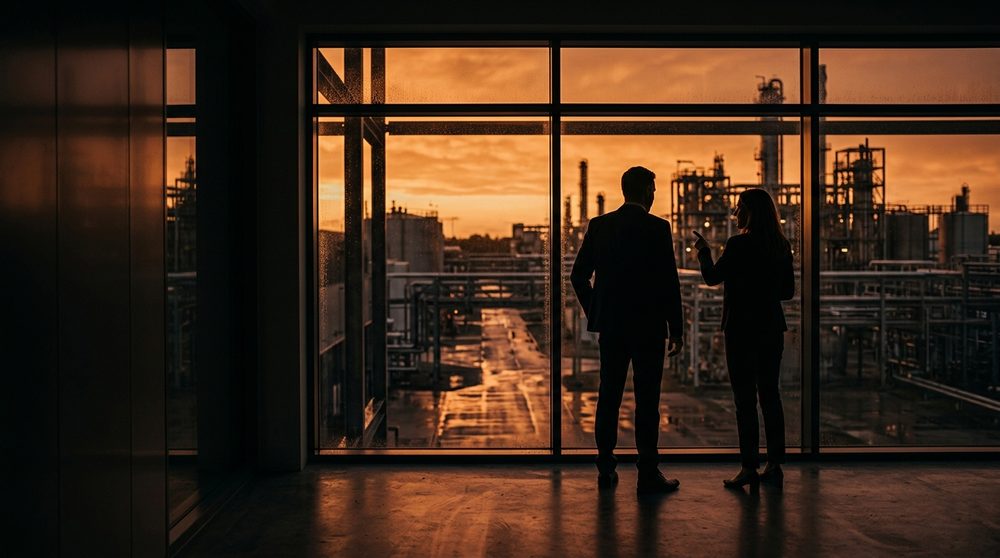 Two business leaders reviewing project details together by a window
