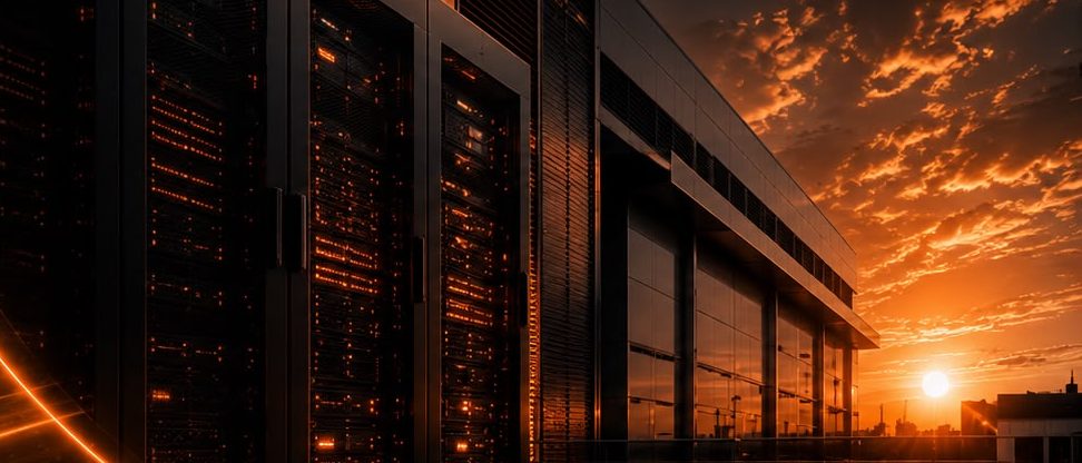 Rows of illuminated server racks inside a data centre at dusk