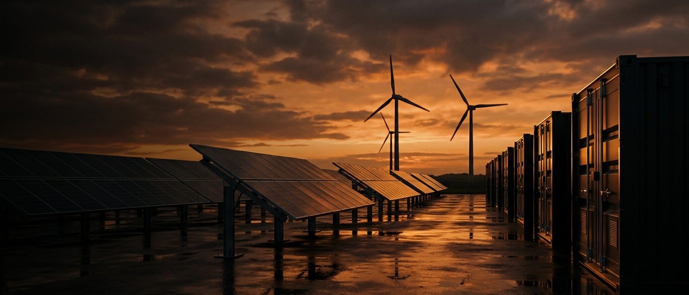 Renewables and energy storage site at sunset